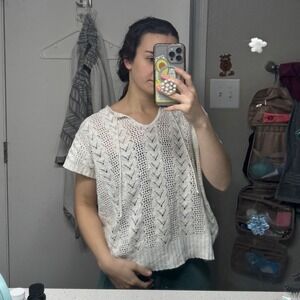 Chic Boho Crochet Knit V Neck Cap Sleeve Sweater Top Ivory Small